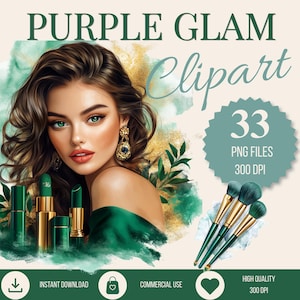 May include: Digital art featuring a woman with green eyes and dark hair, wearing a green dress and gold earrings. The image includes green and gold makeup, lipsticks, and makeup brushes. Text reads "PURPLE GLAM Clipart" and "33 PNG FILES 300 DPI."