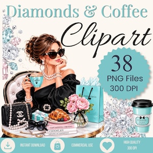 May include: Digital clipart set titled Diamonds & Coffee featuring an illustration of a person with brown hair wearing sunglasses, a black top, and pearl jewellery. Includes a coffee cup, a shopping bag, a croissant, and diamond graphics.