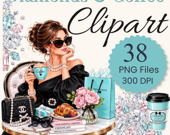 May include: Digital illustration featuring the text Diamonds & Coffee Clipart, 38 PNG Files, 300 DPI. Includes a person in a black top, sunglasses, and pearls, holding a teal coffee cup, with a croissant, flowers, and shopping bags.
