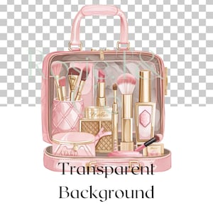 May include: A pink quilted makeup bag with a gold zipper and handle. The bag is open and filled with various makeup items, including brushes, lipstick, foundation, and a compact mirror. The bag is on a transparent background.