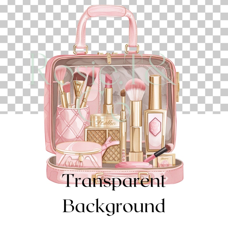 May include: A pink quilted makeup bag with a gold zipper and handle. The bag is open and filled with various makeup items, including brushes, lipstick, foundation, and a compact mirror. The bag is on a transparent background.