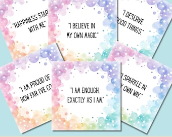 May include: A collection of affirmation cards for teens, featuring inspirational quotes like "I believe in my own magic" and "I am enough." Each card has a watercolor design with pastel colors and star accents. The text "20 Affirmation Cards for Teens" is at the bottom.
