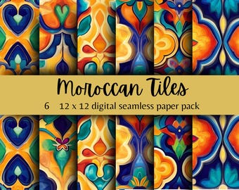 Puede incluir: Conjunto de seis patrones de papel digital sin costuras que presentan diseños de azulejos marroquíes coloridos en tonos de azul, amarillo, naranja, verde y rojo. Cada patrón mide 30,48 cm por 30,48 cm.