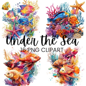 Imágenes prediseñadas bajo el mar, animales marinos en acuarela, océano PNG, descarga digital, gráficos para uso comercial, álbumes de recortes, kit de diario basura