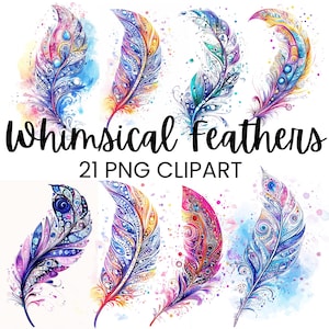 Imágenes prediseñadas de acuarela de plumas caprichosas, diseños de plumas bohemias exóticas para álbumes de recortes y revistas basura, uso comercial, descarga digital PNG