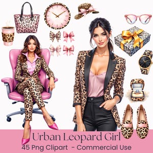 Puede incluir: Ilustración digital de una mujer con un traje de estampado de leopardo, rodeada de accesorios como un bolso, un reloj y zapatos. Otros elementos incluyen un reloj, lazos, gafas y una caja de regalo. El texto "Urban Leopard Girl" está en la parte inferior.