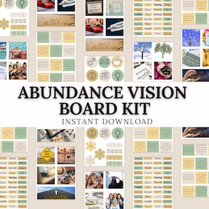 Puede incluir: Un "Kit de tablero de visión de abundancia" con el texto "Descarga instantánea". La imagen incluye varios elementos inspiradores, como imágenes, bloques de texto con palabras como "Riqueza" y "Éxito", y pegatinas decorativas.
