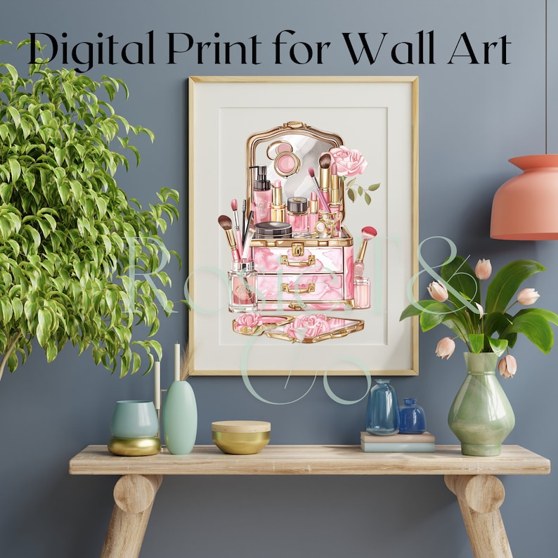 May include: A digital print of a watercolor illustration of a pink vanity with gold accents and makeup brushes, bottles, and a compact mirror. The vanity is surrounded by pink roses.