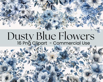 Dusty Blue Floral Clipart, Watercolor Blue Flowers PNG, Wedding Bouquet Clipart, Botanical Invitation Graphics, Commercial Use