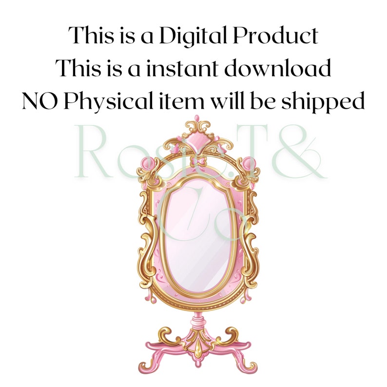 May include: A pink and gold ornate mirror with a decorative stand. The mirror is oval shaped and has a gold frame with intricate details. The stand is also decorated with gold accents.