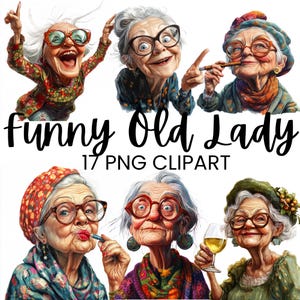 Clipart drôle de vieille dame, Illustrations mignonnes de femmes âgées, joyeuse vieille dame, Illustrations originales de grand-mère, mignonne grand-mère PNG, usage Commercial