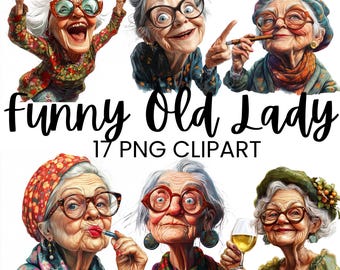 Funny Grandma Clipart, Quirky Old Lady Illustrations, Elderly Woman PNGs, Retro Granny Art, Digital Download for Crafts & Sublimation