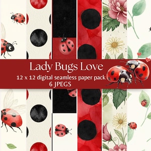 Pode incluir: Um pacote de papel digital sem costuras com desenhos de joaninhas e florais. O pacote inclui vários padrões com joaninhas vermelhas, bolinhas pretas e elementos florais em aquarela. O texto "Lady Bugs Love" é exibido em uma faixa vermelha.