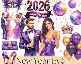 New Year Eve Clipart 2026 | Party Fashion PNG, Champagne Balloons Disco Lights, Celebration Graphics, Commercial Use