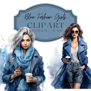 Mode meisje illustratie clipart koffie minnaar blauwe aquarel bedrijf baas meisje clipart dame clipart mode illustraties digitale kunst