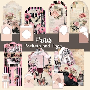 Etiquetas de bolsillo vintage de París, materiales de manualidades imprimibles para diarios basura, hojas de collage y efímeras de scrapbooking, etiquetas con carga, uso comercial