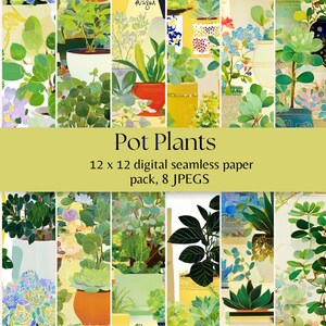 May include: Digital seamless paper designs showcasing potted plants in various styles. The designs feature green foliage and colorful pots. The text "Pot Plants" is displayed, along with the dimensions and the number of files.