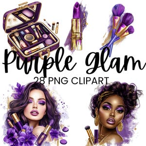 Glam Makeup Clipart, lila Mode Schönheit Clip Art, Beauty Kosmetik, Friseur Zubehör, PNG Digital Download Makeup Artis Branding