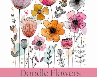 Doodle Flower Clipart Set, Handritade Blommiga Illustrationer, Akvarell Bläckblommor, Nyckfull Botanisk Konst för Scrapbooking & Hantverk