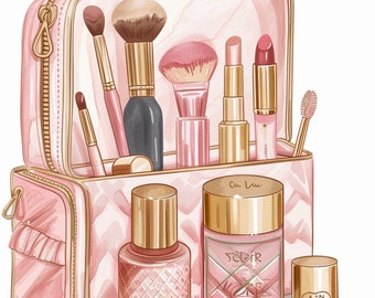 May include: A pink and gold makeup bag with a variety of makeup products inside, including brushes, lipsticks, and nail polish. The bag has a zipper closure and a handle.