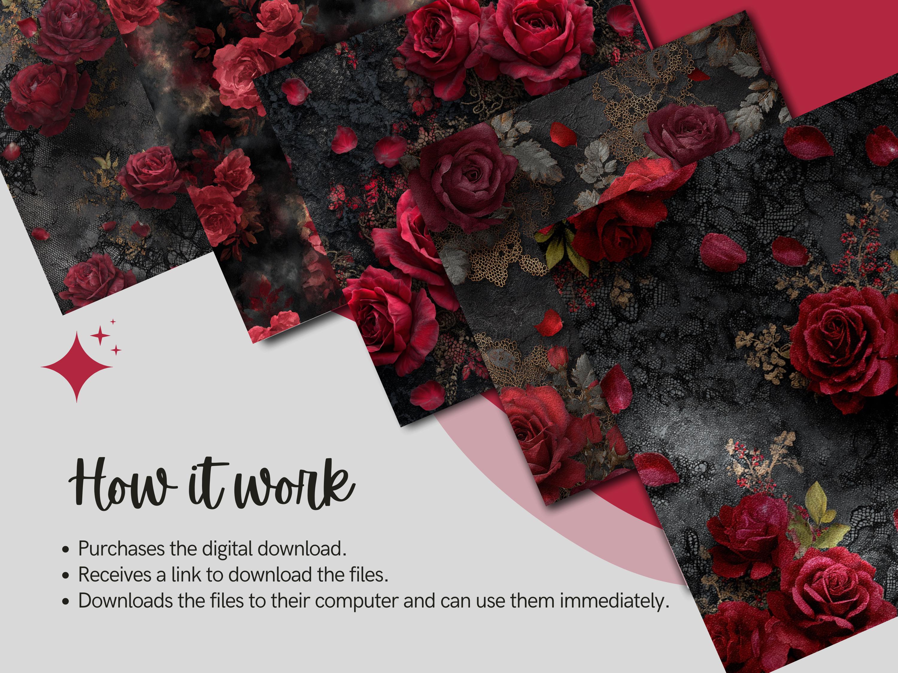 Dark Red Roses Digital Paper, Gothic Floral Seamless Backgrounds ...