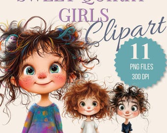 Bundle de clipart fille décalée, PNG de jolies filles fantaisistes, clipart personnage de dessin animé, illustrations graphiques pour enfants, style kawaii, usage Commercial