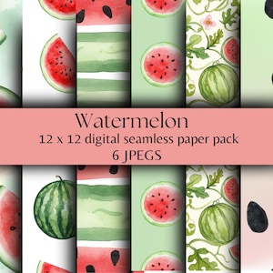Può includere: Un pacchetto di carta digitale con illustrazioni ad acquerello di angurie. I disegni includono fette di anguria, angurie intere e semi, con sfondi verdi e rosa. Il testo "Watermelon" e i dettagli del prodotto sono visualizzati.