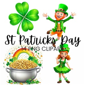 May include: A set of 14 St. Patrick's Day themed digital clipart images. The images include a pot of gold, a rainbow, shamrocks, and two leprechauns.