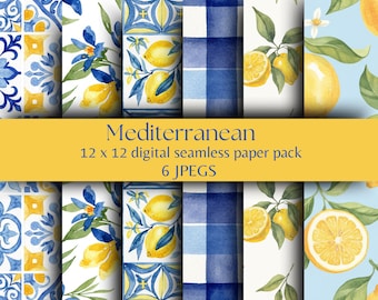 Mediterranean Digital Paper Pack | 12x12 Seamless Lemon & Tile Backgrounds | Blue Yellow Scrapbook Patterns