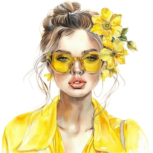Zomer meisje clipart, meisje aquarel, meisje bloem PNG, gele mode meisje aquarel clipart, groovy lente mode clipart, baas meisje