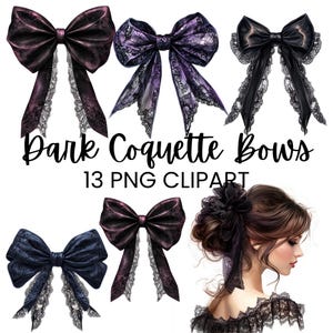 Lazo de encaje de coqueta oscura, imágenes de lazo gótico negro, álbum de recortes PNG, descarga digital, kits de diario basura, pegatinas digitales, uso comercial