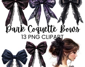 Noeud de coquette sombre des cliparts | Nœuds en dentelle gothique PNG | Ruban noir à téléchargement numérique pour le scrapbooking et les journaux