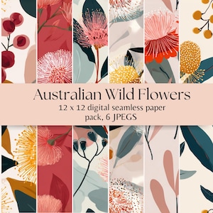 Peut inclure: Un pack de papier numérique sans couture avec des fleurs sauvages australiennes. Le design comprend diverses illustrations florales dans des tons de rouge, rose, jaune et sarcelle. Le texte indique "Australian Wild Flowers" et "12 x 12 digital seamless paper pack, 6 JPEGS."