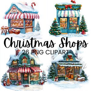 Clipart de lojas de Natal, Imagens de fachada de loja em aquarela, Ilustrações de diário de sucata de livro de recortes, Clip Art para download digital, Clipart festivo