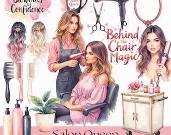 Hair Stylist Clipart, Salon Queen PNG Bundle, Hairdresser Tools & Blowout, Beauty Salon Clip Art Set, Commercial Use