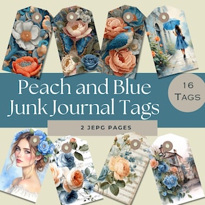 Peach and Blue Junk Journal Tags | Vintage Printable Ephemera | Floral Paper Craft Tags | Shabby Chic Scrapbooking Supplies | DIY Gift Tags