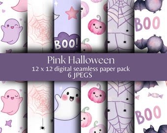 May include: A digital paper pack with a pink Halloween theme. The pack includes 6 JPEG files with repeating patterns of ghosts, pumpkins, spiderwebs, bats, and the word "BOO!" in a purple cloud. The text "Pink Halloween" is displayed on a purple banner.