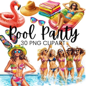 Collection de cliparts d&#39;été, dessins mignons de pool party, art de plage tropicale, scrapbooking, aquarelle PNG, téléchargement numérique, usage Commercial