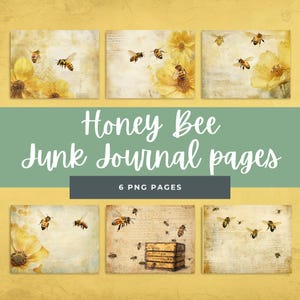 Junk Journal Paper, Vintage Honey Bee-pagina's, scrapboek Afdrukbaar patroon, digitale achtergrond, Bumble Bee-papier, Queen Bee-pagina's, folio