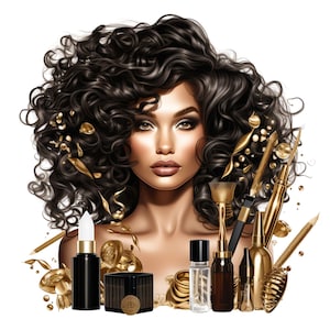 Clipart fille noire glamour, illustration magique de fille noire, produits de beauté, accessoires de coiffeur, téléchargement PNG par sublimation