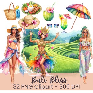 Pacchetto Clipart di Bali - Vacanze su isole tropicali PNG - Ragazze alla moda Boho, ballerine di Bali, cibo e cocktail - Download digitale di viaggi estivi