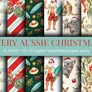 May include: A digital seamless paper pack titled A VERY AUSSIE CHRISTMAS featuring six 12 x 12 inch patterns. Designs include Santa in tropical attire with a surfboard, koalas in Santa hats, kangaroos, red and white stripes, and eucalyptus.