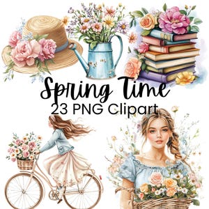 Clipart de primavera, diseños florales en acuarela, arte digital para scrapbooking y revistas basura, animales adorables, manualidades de temporada, uso comercial
