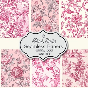 Rosa Toile De Jouy, digitales Papier, Vintage Blumenmuster, rosa und weiße Chinoiserie-Hintergründe, digitales Scrapbook-Papier, nahtloser Druck
