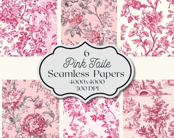 Pink Toile De Jouy Digital Paper, Vintage Floral Patterns, Pink And White Chinoiserie Backgrounds, Digital Scrapbook Paper, Seamless Print
