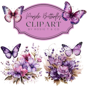 Clipart de borboleta roxa, clipart de ilustração em aquarela, borboletas florais rosa, diário de lixo, download digital, 17 arquivos de clipart PNG,