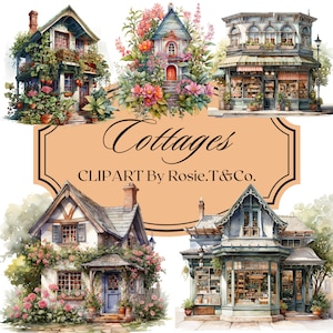 Country Cottage Clipart - Watercolor House Art - Vintage Aesthetic - Digital Download for Scrapbooking and Junk Journals, Commercial Use
