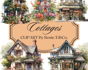 Country Cottage Clipart - Watercolor House Art - Vintage Aesthetic - Digital Download for Scrapbooking and Junk Journals, Commercial Use