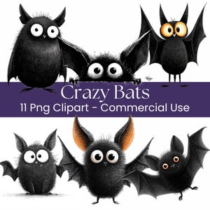 Crazy Bats Clipart | 11 Cute Halloween Bat PNGs | Funny Bat Graphics | Spooky Halloween Digital Download | Commercial Use, Scrapbooking