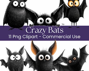 Clipart di pipistrelli pazzi / 11 simpatici PNG di pipistrelli di Halloween / Grafica divertente di pipistrelli / Download digitale di Halloween spettrale / Uso commerciale, scrapbooking